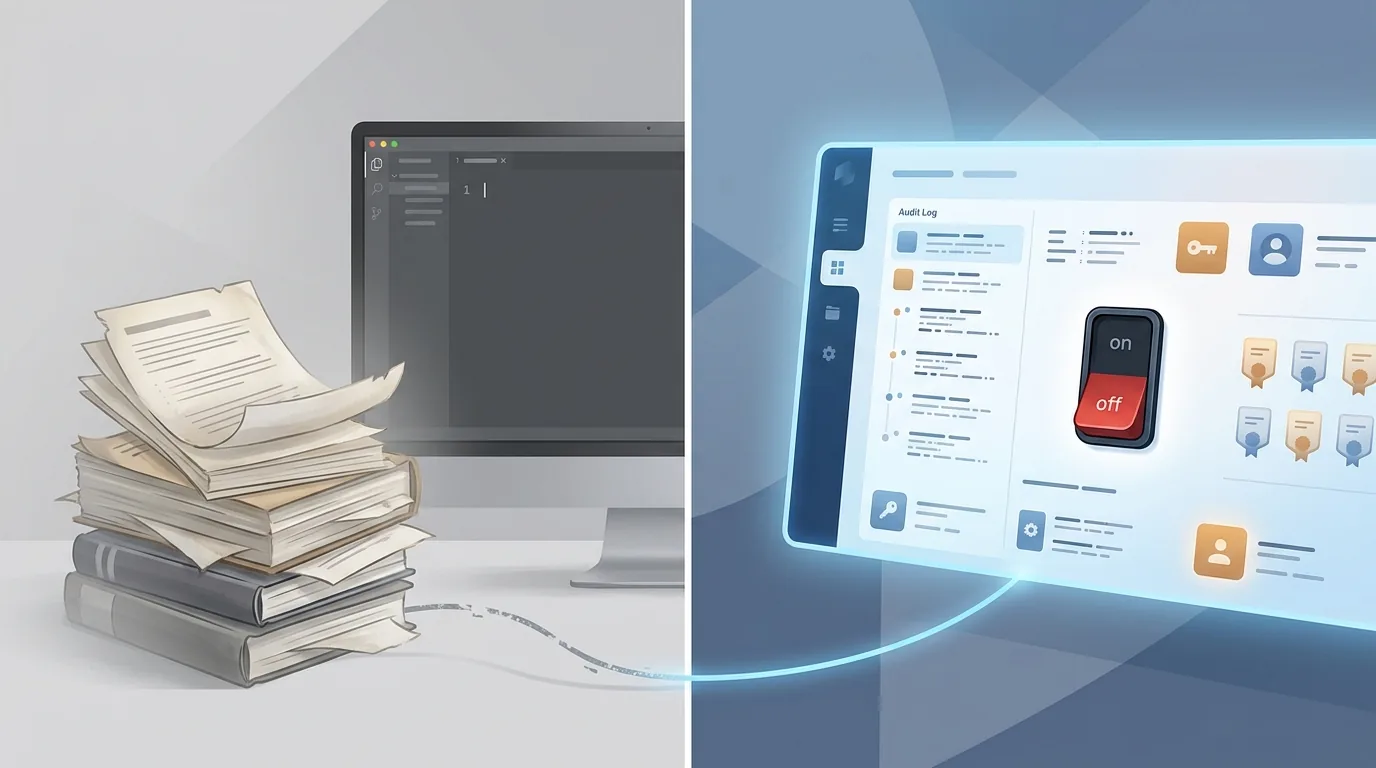 A diptych conceptual illustration with a developer onboarding deck on the left side fading to grey and an enterprise control-plane dashboard with audit logs and a kill switch on the right side, suggesting a shift from training to operations.