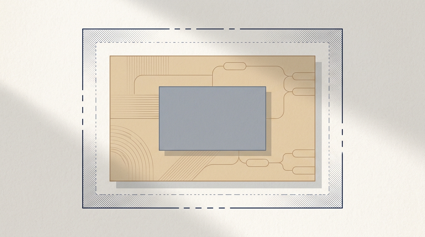 Three nested rectangular containers in a calm muted palette, the smallest in the center, representing the read-only insight agent, the pre-approved rules engine and the scoped sub-account sandbox as bounded perimeters around a central portfolio.