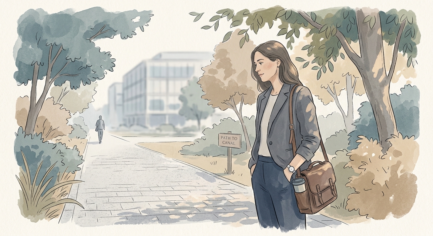 An editorial illustration of a working leader pausing on a quiet walking path between meetings, midday light, calm palette of muted blues and warm greys.