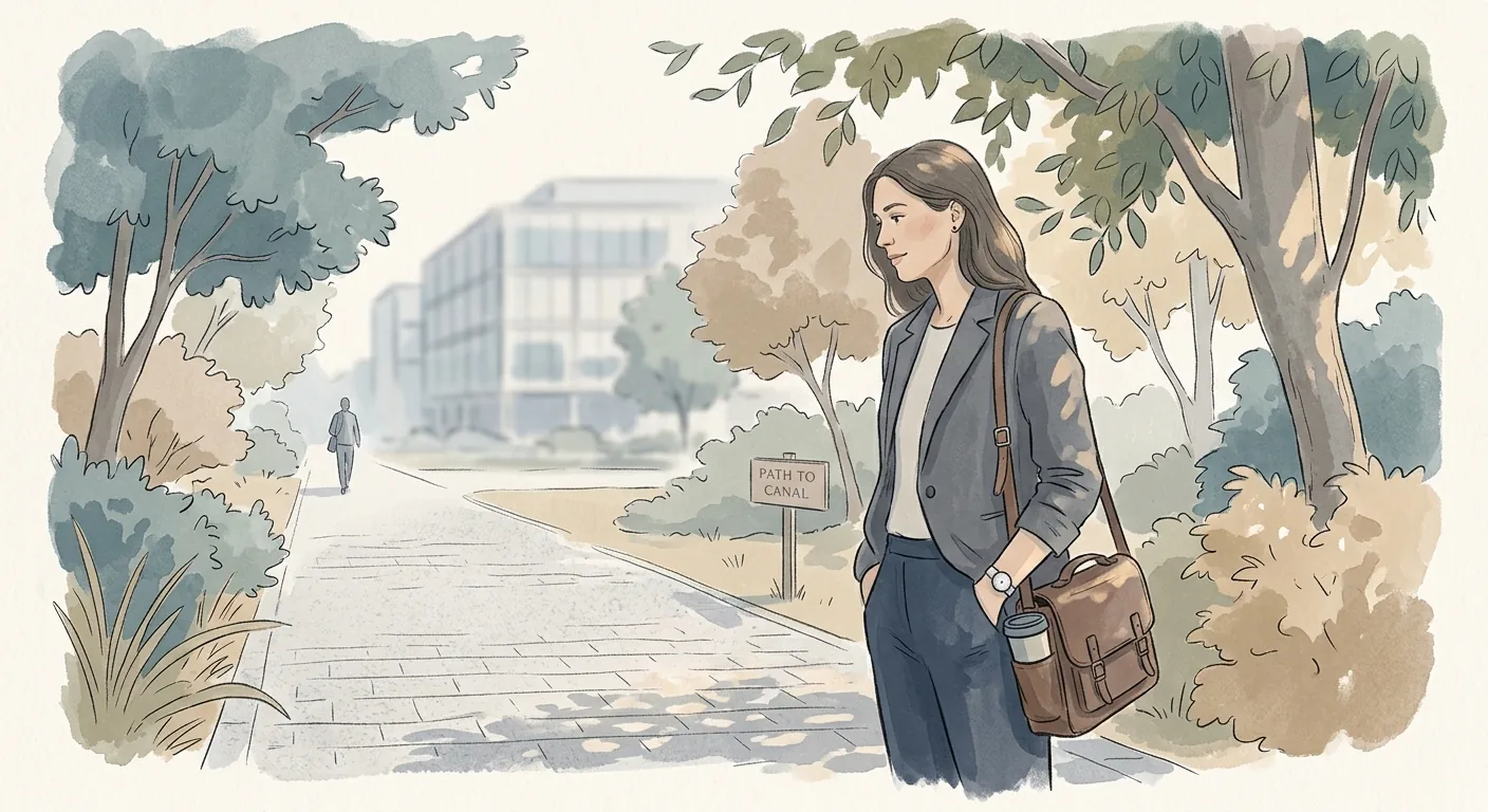 An editorial illustration of a working leader pausing on a quiet walking path between meetings, midday light, calm palette of muted blues and warm greys.
