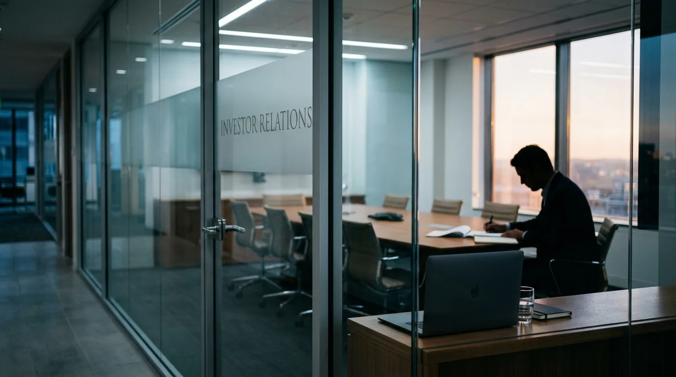 A glass conference-room door reading Investor Relations, half open, with the silhouette of an analyst on the inside and a closed laptop in the foreground in evening light.