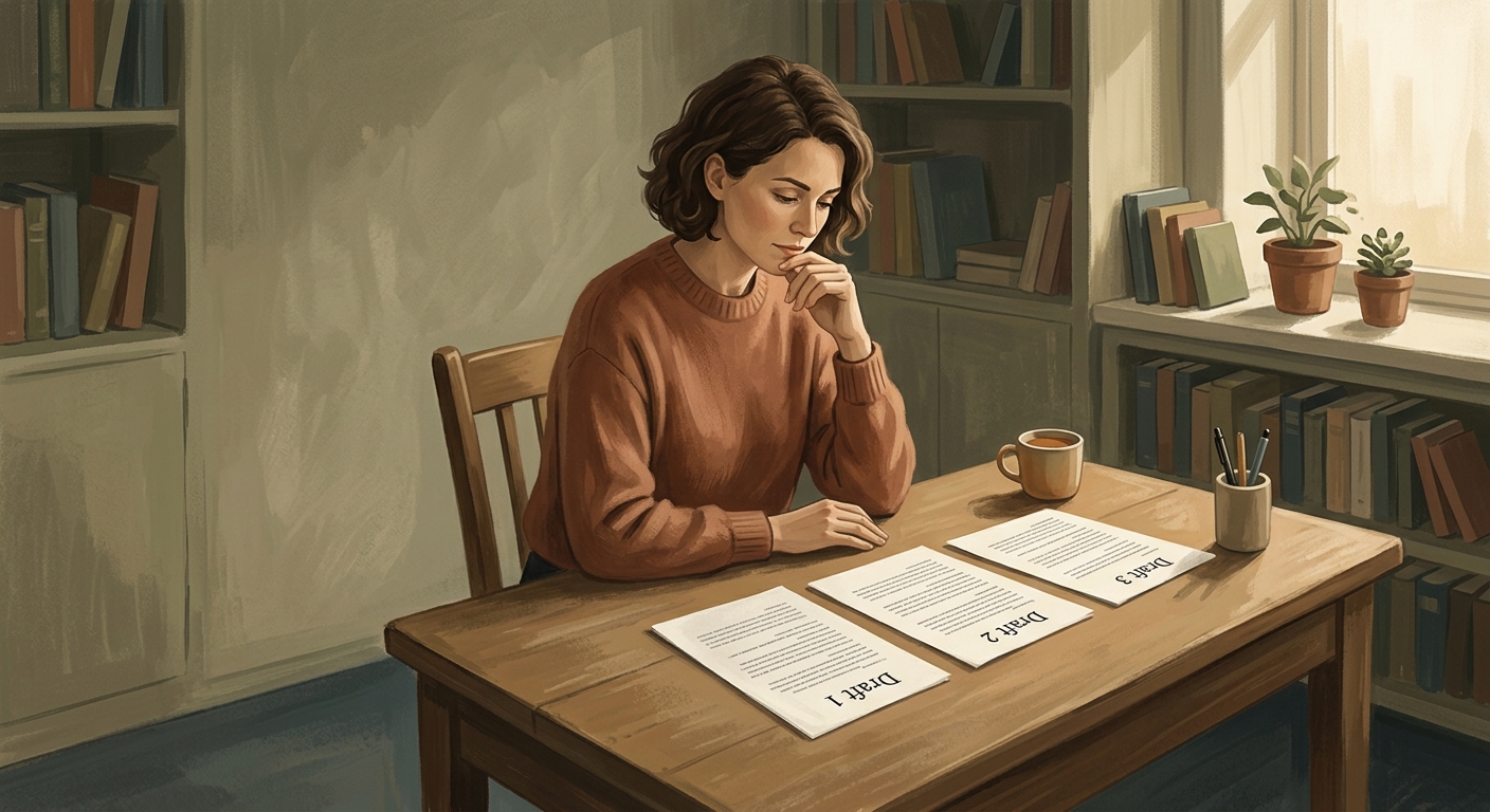 A muted, contemplative editorial illustration of a person at a quiet desk, reading three open document drafts side by side, soft warm light, no screens centered, no robotic or neural imagery.
