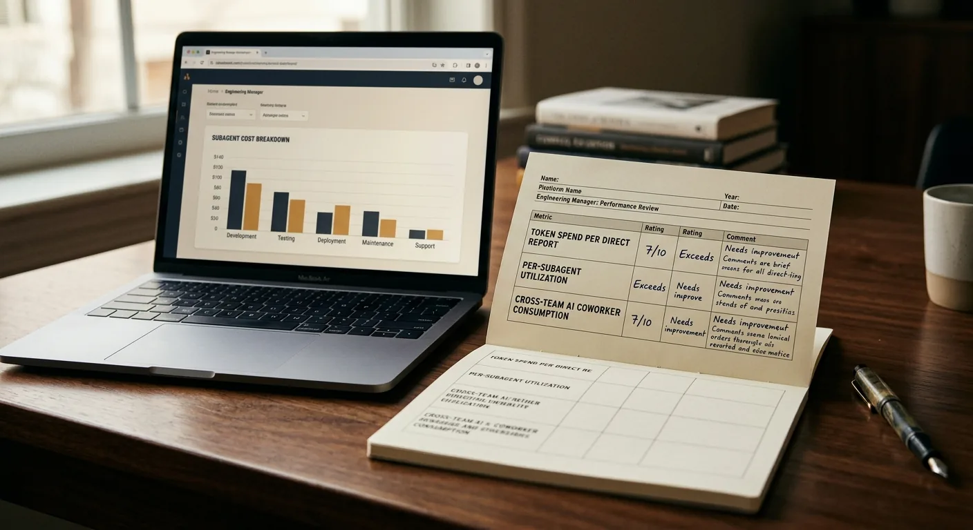 A printed one-on-one scorecard template on a desk next to a laptop running a Claude Code session that shows a per-subagent cost panel, illustrating how engineering-manager review templates need new rows to match what coding-agent harnesses now report.
