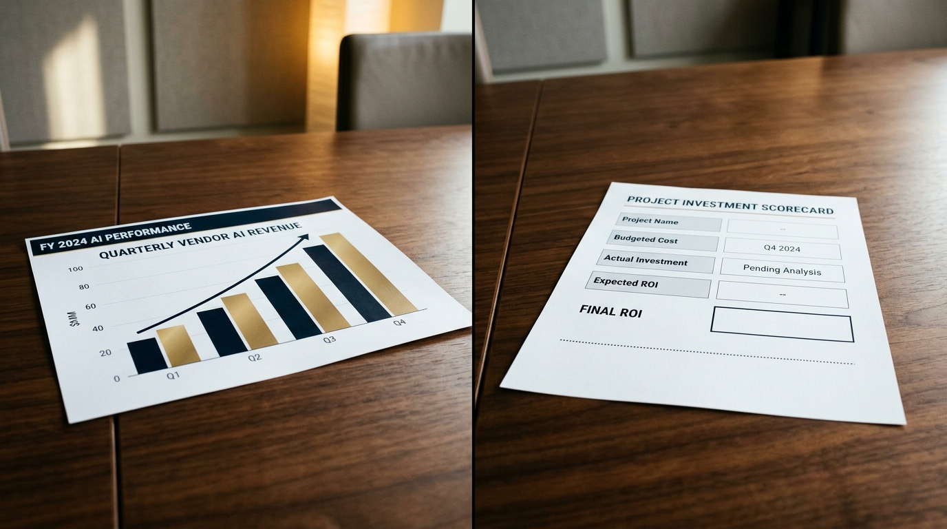 A split editorial illustration. On the left, a rising AI vendor revenue chart printed on glossy boardroom paper. On the right, an empty corporate ROI scorecard with blank fields, illustrating the category error of reading supplier success as customer return.