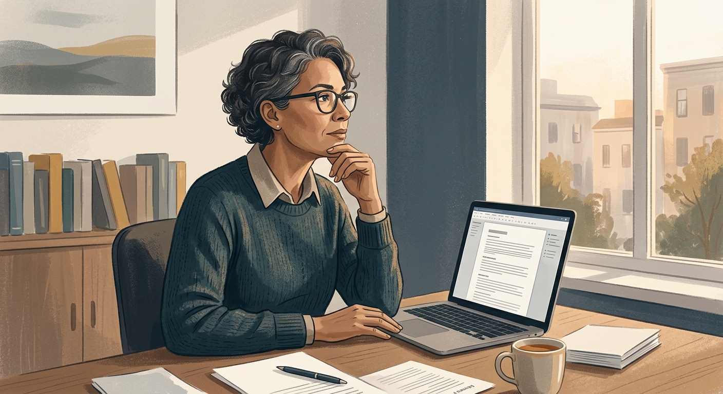 Editorial illustration of a leader paused at a desk in front of a screen showing a draft decision, calm muted palette, no robotic or sci-fi motifs.