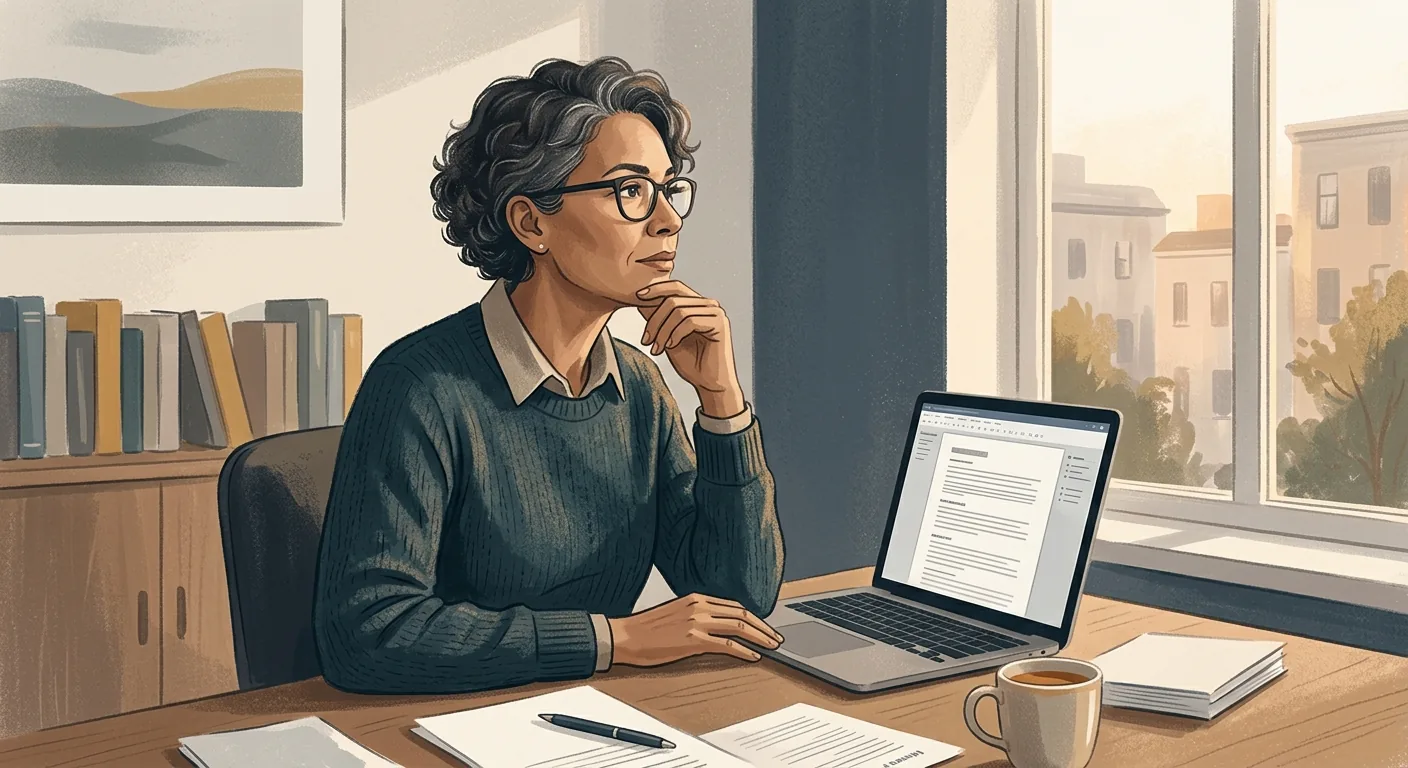 Editorial illustration of a leader paused at a desk in front of a screen showing a draft decision, calm muted palette, no robotic or sci-fi motifs.