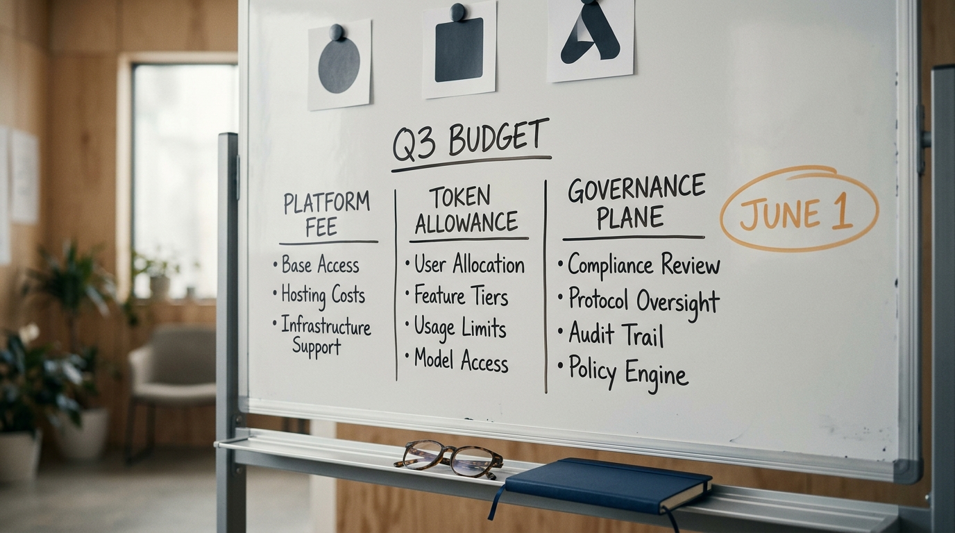A Q3 budget worksheet on a whiteboard with three columns labeled platform fee, admin-controlled token allowance, and governance plane cost, with the date June 1 circled in red marker and three vendor logos pinned at the top.