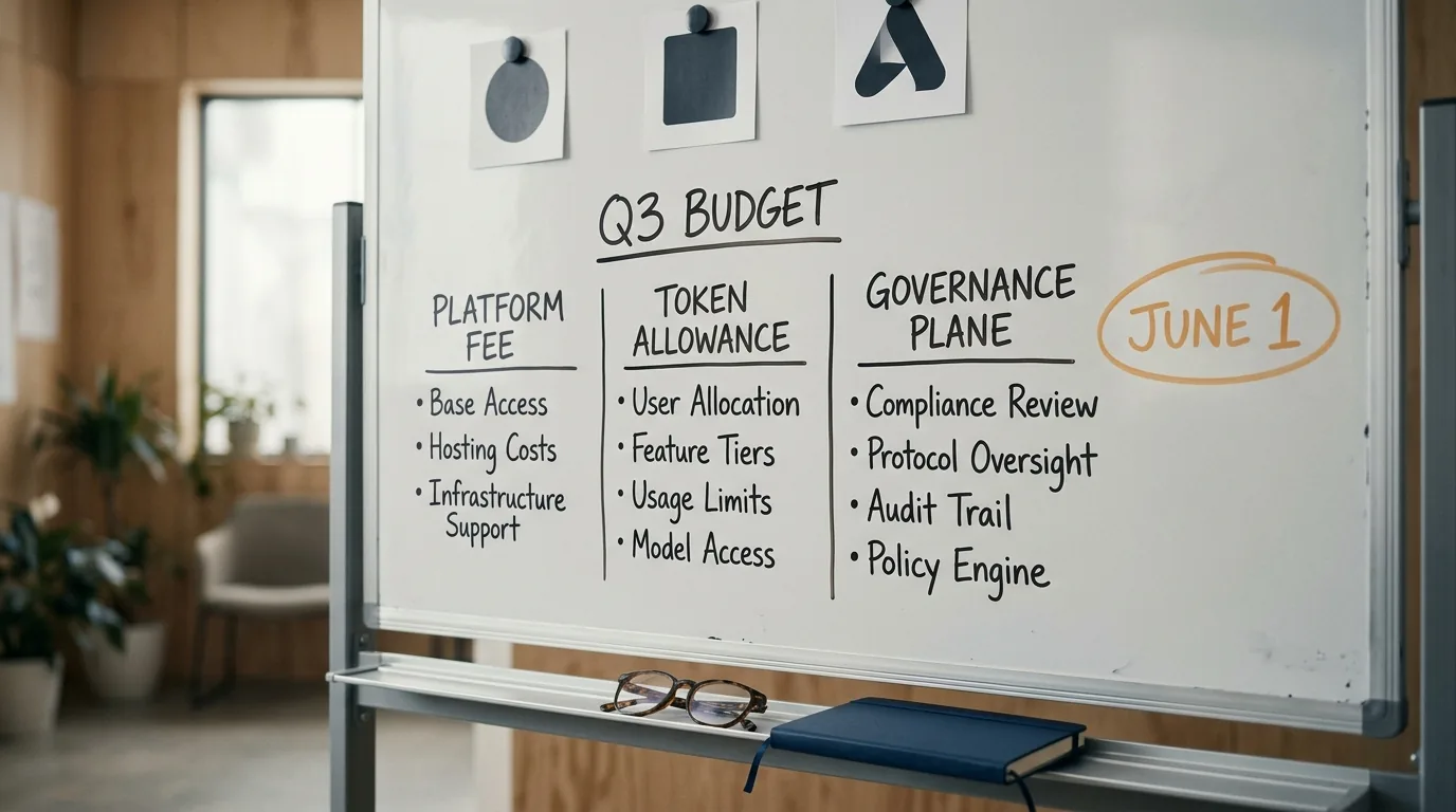 A Q3 budget worksheet on a whiteboard with three columns labeled platform fee, admin-controlled token allowance, and governance plane cost, with the date June 1 circled in red marker and three vendor logos pinned at the top.