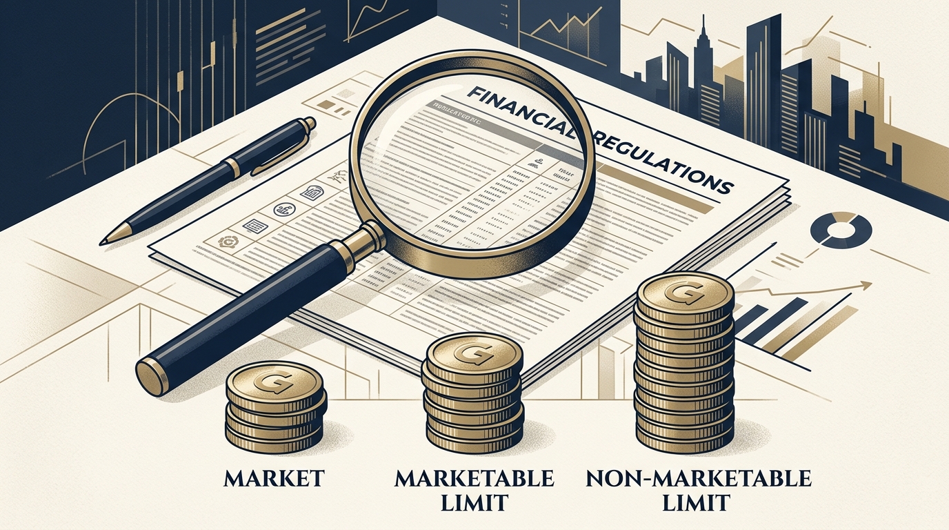 Editorial illustration of a magnifying glass hovering over a regulatory PDF document, with three differently sized stacks of coins beneath three column headers labeled market, marketable limit, and non-marketable limit, evoking the per-order-type rebate stratification disclosed in broker Rule 606 filings.
