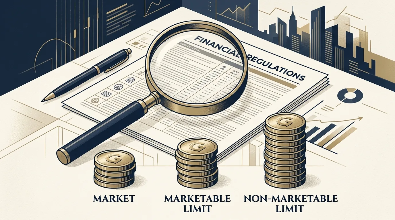 Editorial illustration of a magnifying glass hovering over a regulatory PDF document, with three differently sized stacks of coins beneath three column headers labeled market, marketable limit, and non-marketable limit, evoking the per-order-type rebate stratification disclosed in broker Rule 606 filings.