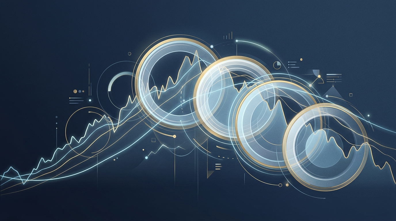 Abstract visualization of overlapping concentric circles representing 20-day and 60-day lookback windows on a stock price chart, with the curves drifting downward in synchrony to suggest correlated systematic deleveraging.