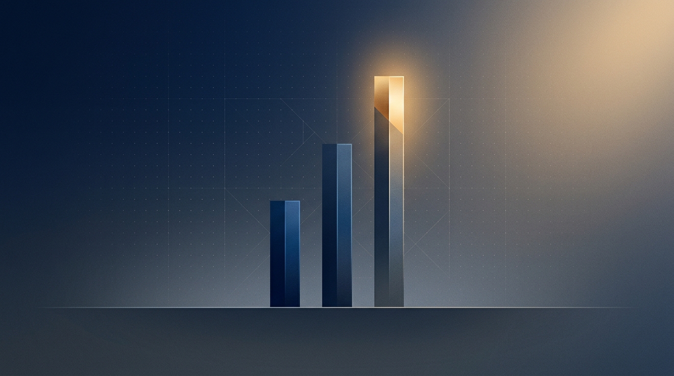 Three vertical signal bars rising at different heights against a deep navy background with a soft gold accent on the tallest bar, representing three converging AI enterprise developments on a CEO's board agenda.