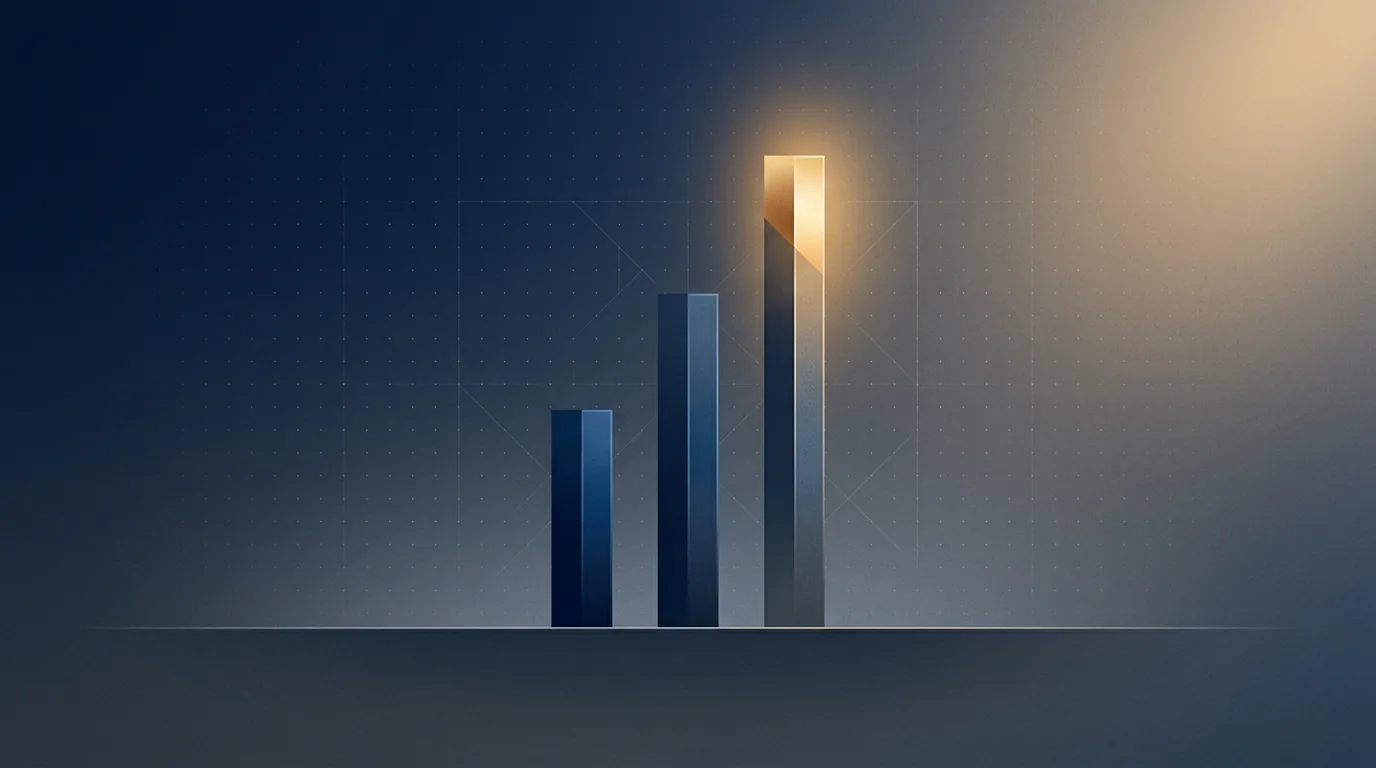 Three vertical signal bars rising at different heights against a deep navy background with a soft gold accent on the tallest bar, representing three converging AI enterprise developments on a CEO's board agenda.