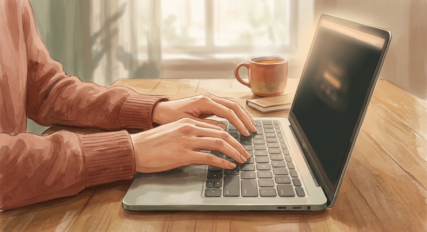 Soft editorial illustration of a pair of hands resting on a laptop keyboard, with a faint screen glow above, warm muted palette evoking a brief contemplative pause during the workday.