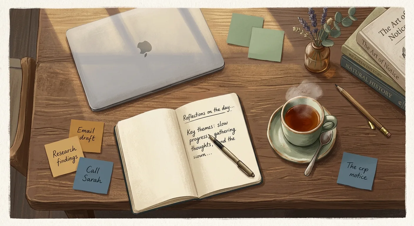 A leader's desk in soft afternoon light with a small stack of partially-finished notes and a closed laptop nearby, suggesting work that has been handed off and is waiting to be checked.