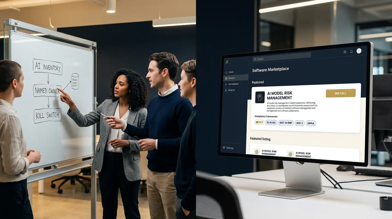 A split screen showing on one side a small engineering team mapping AI governance controls on a whiteboard and on the other side a Microsoft Marketplace listing for an AI Model Risk Management product, illustrating the build versus buy decision.