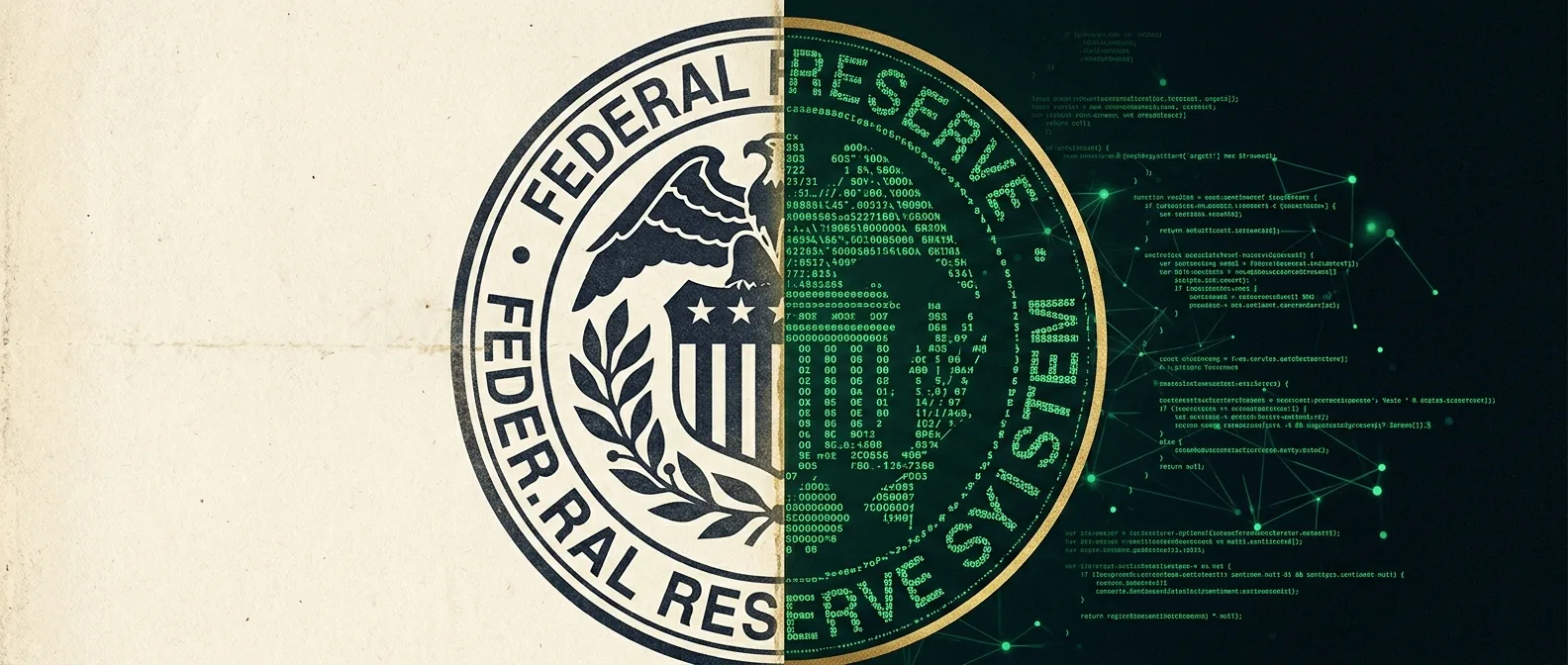 A stylized Federal Reserve seal half-rendered in vintage typewriter print and half in green machine-readable characters, with a vertical line splitting the two halves to suggest a regime change in language.