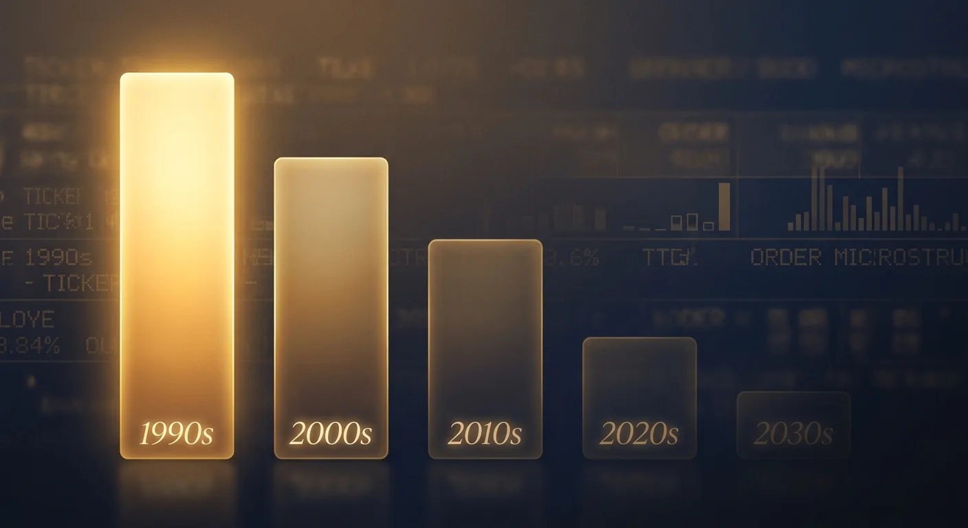 Stylized abstract illustration of a declining bar chart in warm gold tones, representing the compression of the historic Russell index inclusion bump from the 1990s through the 2010s.