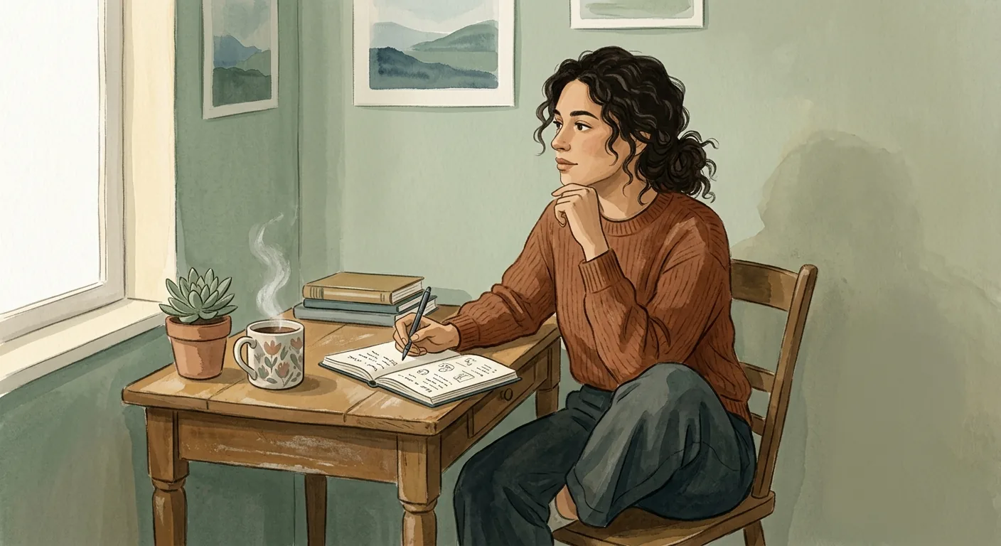 Editorial illustration in a calming palette of a working person at a small wooden desk with a notebook, a thoughtful expression, and two pencils leaning slightly toward each other and slightly apart. Warm natural light, soft focus, no robotic or technological imagery.