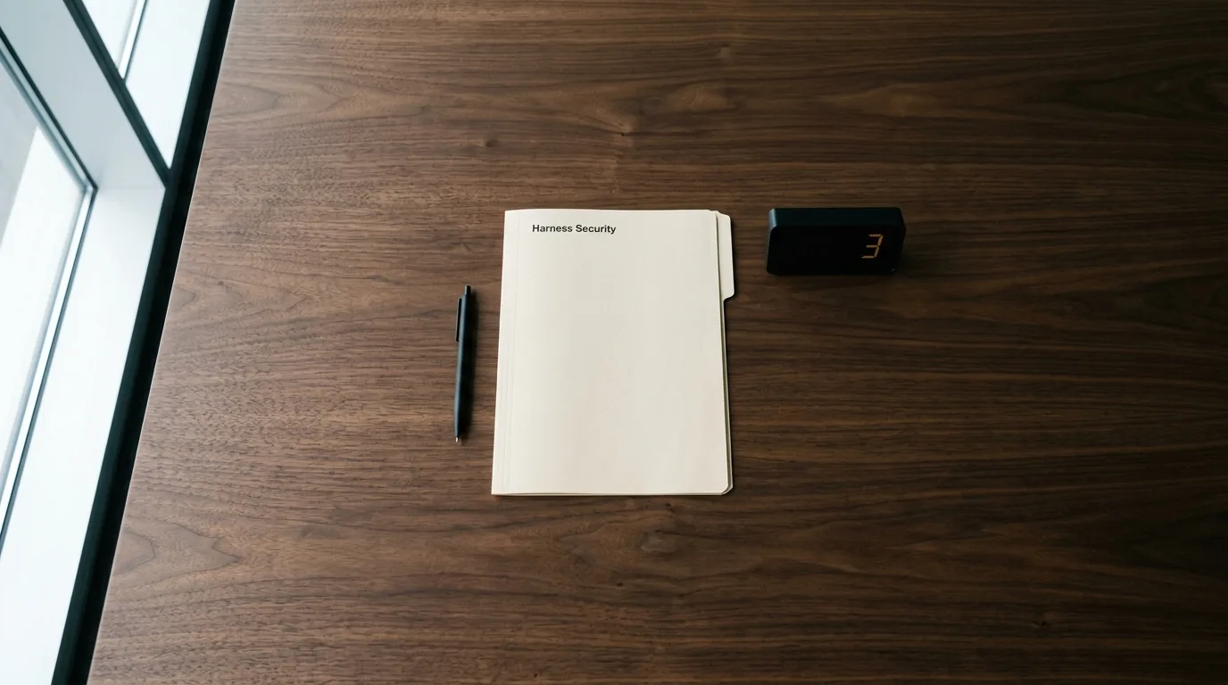 A clean executive boardroom table viewed from above, with a single closed manila folder labelled 'Harness Security' beside a small digital clock showing three days remaining.