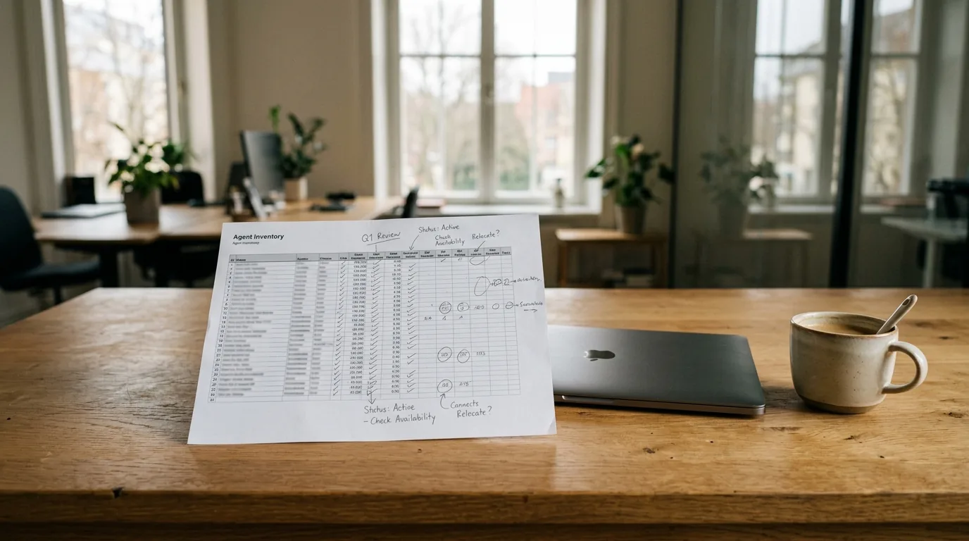 A calm overhead photograph of a small Series B engineering team gathered around a single laptop on a wooden desk, looking at a written agent inventory and autonomy classification on a printed sheet, warm morning light, no screens of code visible.