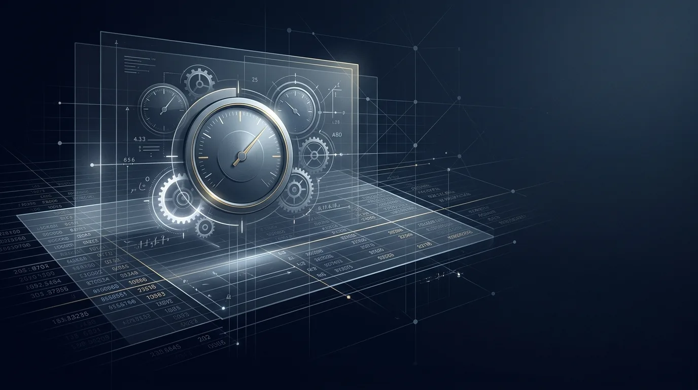Abstract navy and steel editorial header with faint ledger lines, subtle gauge and dial motifs, and layered translucent data planes accented in gold, evoking a metering moment in AI.
