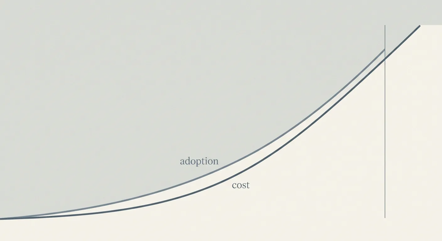 A simple line chart with two rising curves, one labeled adoption and one labeled cost, climbing together toward a vertical marker dated June 1, on a calm slate background.