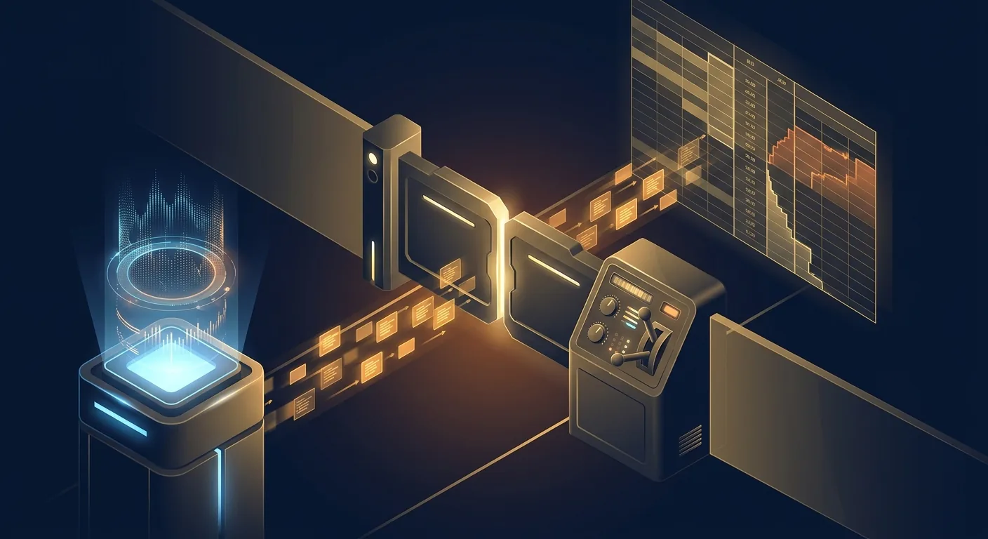 A single illuminated control gate sitting between an AI agent terminal and a stock exchange order book, with the lever held on the broker's side, rendered in dark navy and muted gold.