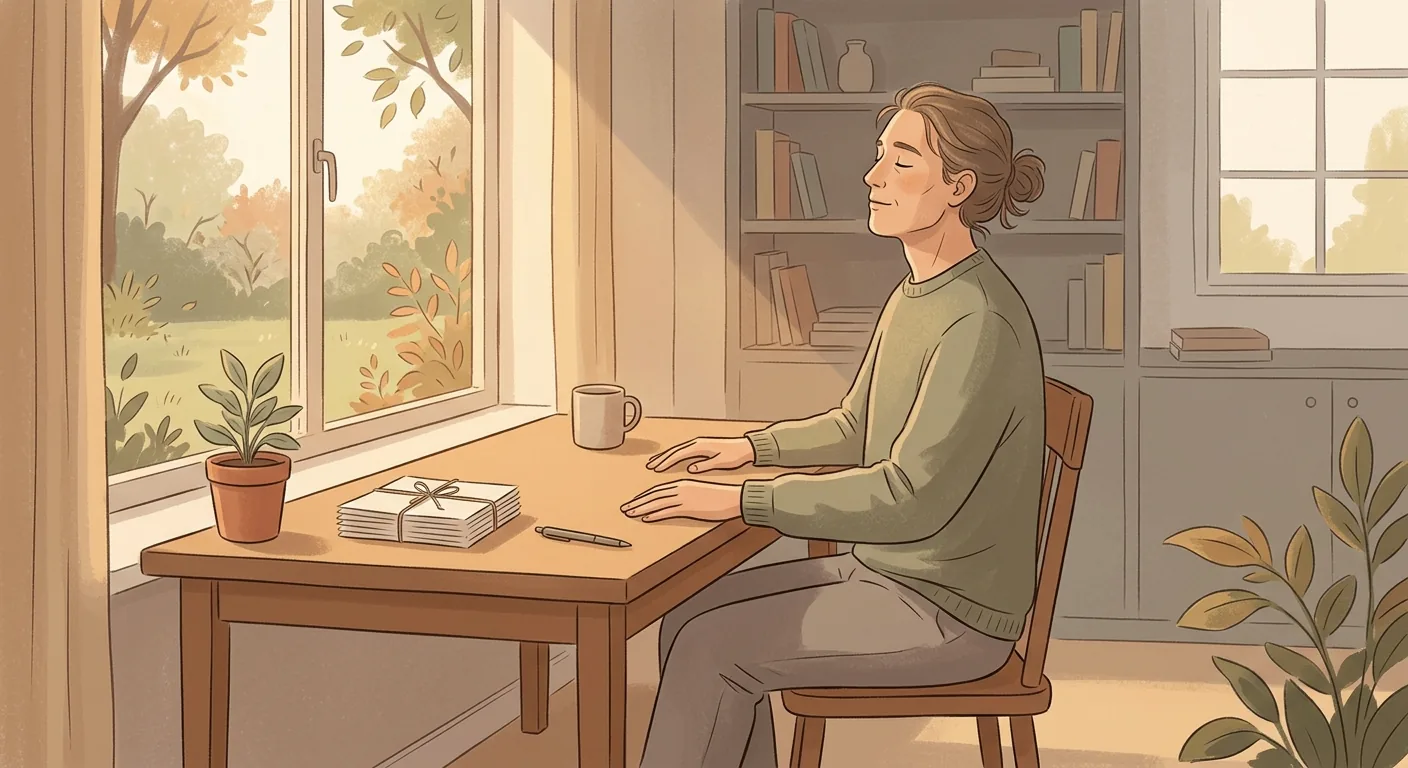 A person at a desk in late-afternoon light, eyes closed for one slow breath, with a small stack of papers waiting in front of them, in a warm muted palette.