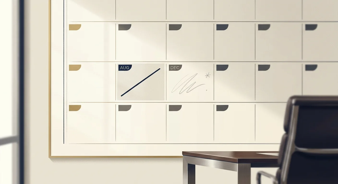 A boardroom calendar with an August date crossed out and a later December date penciled in beside it, suggesting a postponed but not yet confirmed regulatory deadline.