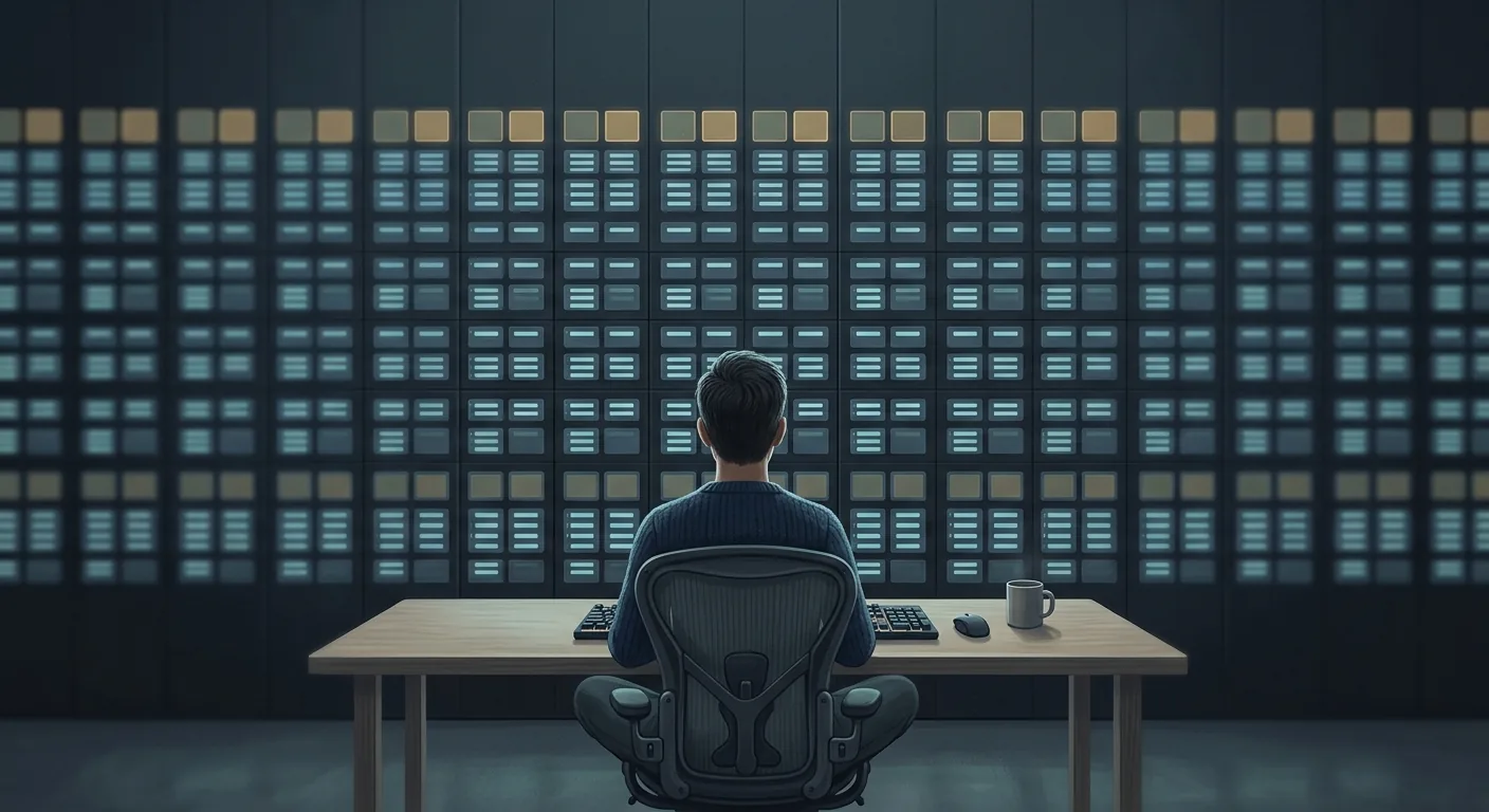 A single engineer at a desk watching a wall of small parallel process windows, with two highlighted review panes per cluster, illustrating a human review layer sitting above a fleet of coding subagents.