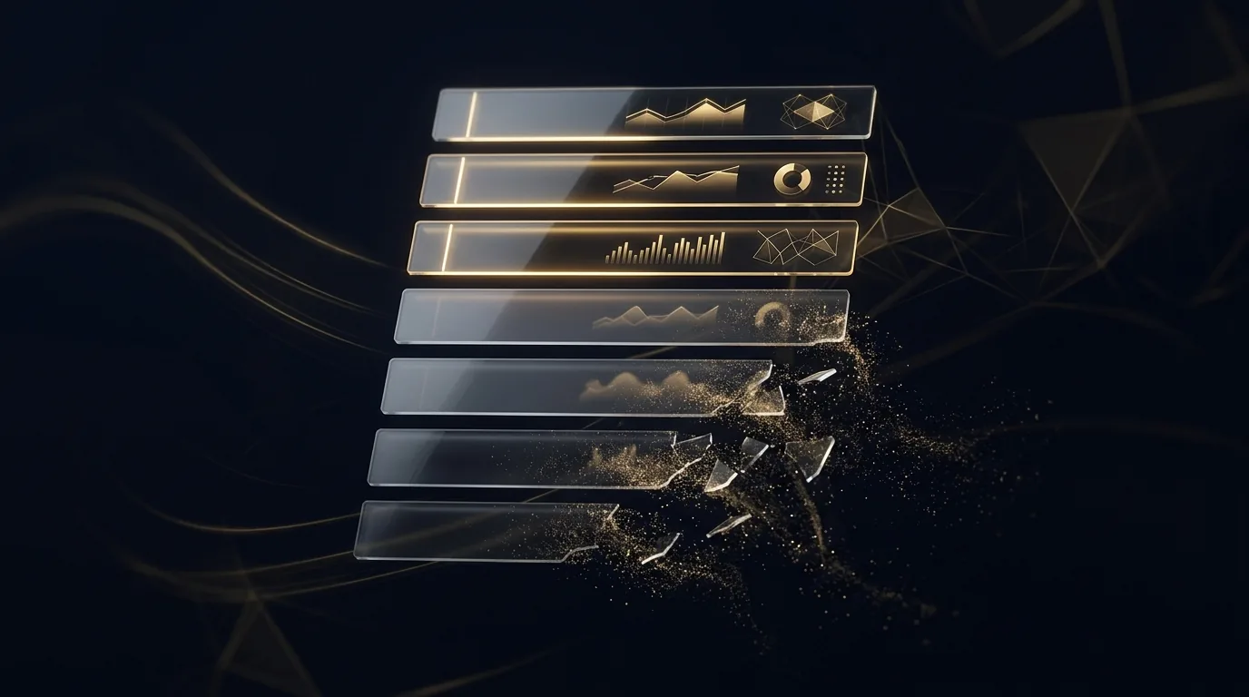A stylized fund-performance leaderboard on a dark navy background, where the top rows glow gold while the lower-ranked rows fade to blank, illustrating how closed funds quietly disappear from a surviving track record.