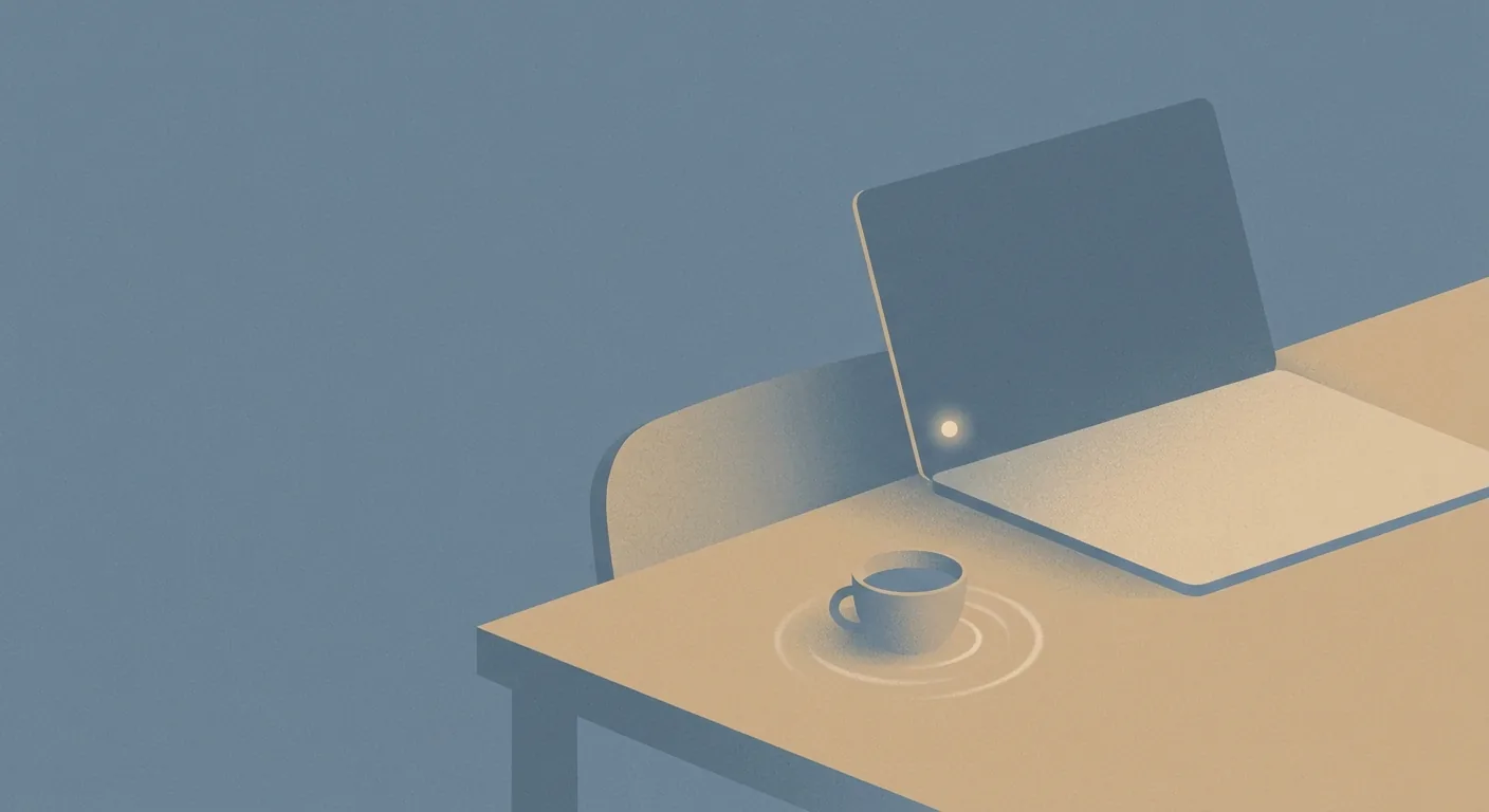 A quiet desk workspace in muted blue and sand tones with a single small glowing dot at the edge of a screen and a soft ripple spreading across the surface, suggesting one brief interruption.