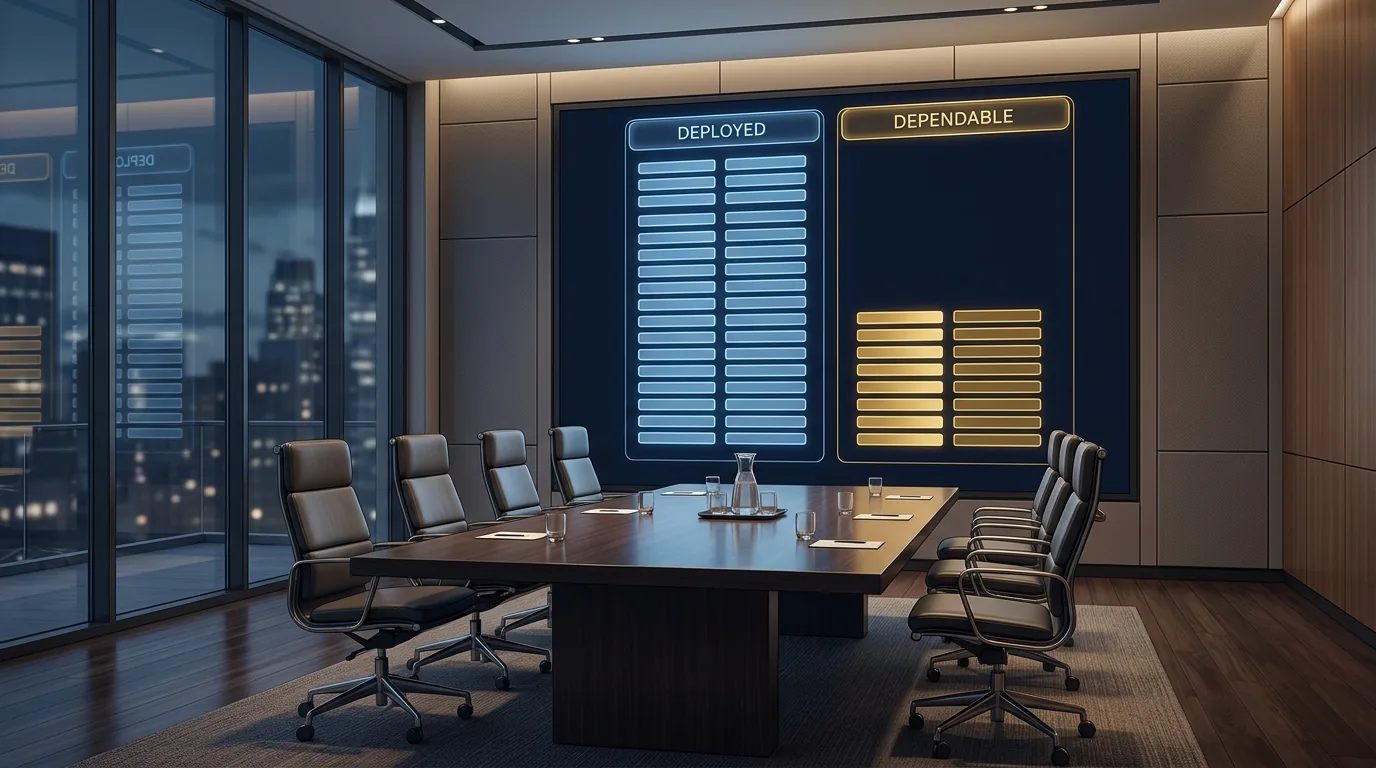 A late-stage company boardroom table with a wall screen showing two columns of AI agent status indicators, most marked deployed and only a few marked dependable.