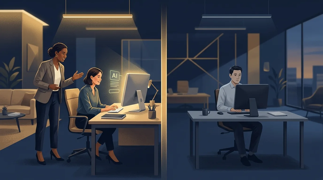 A split office floor showing the encouragement-and-access divide: on one side a manager leaning over a colleague's desk pointing at a company AI tool on screen, on the other side an employee working alone with no AI tool open.