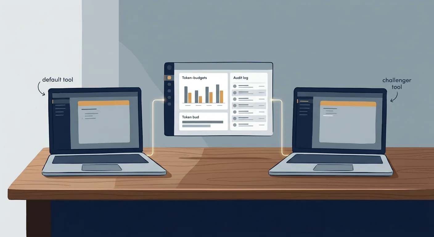 A calm engineering-leadership desk scene with two laptops side by side, one labeled as a default coding agent and one as a challenger, connected to a single governance dashboard showing token budgets and audit logs.