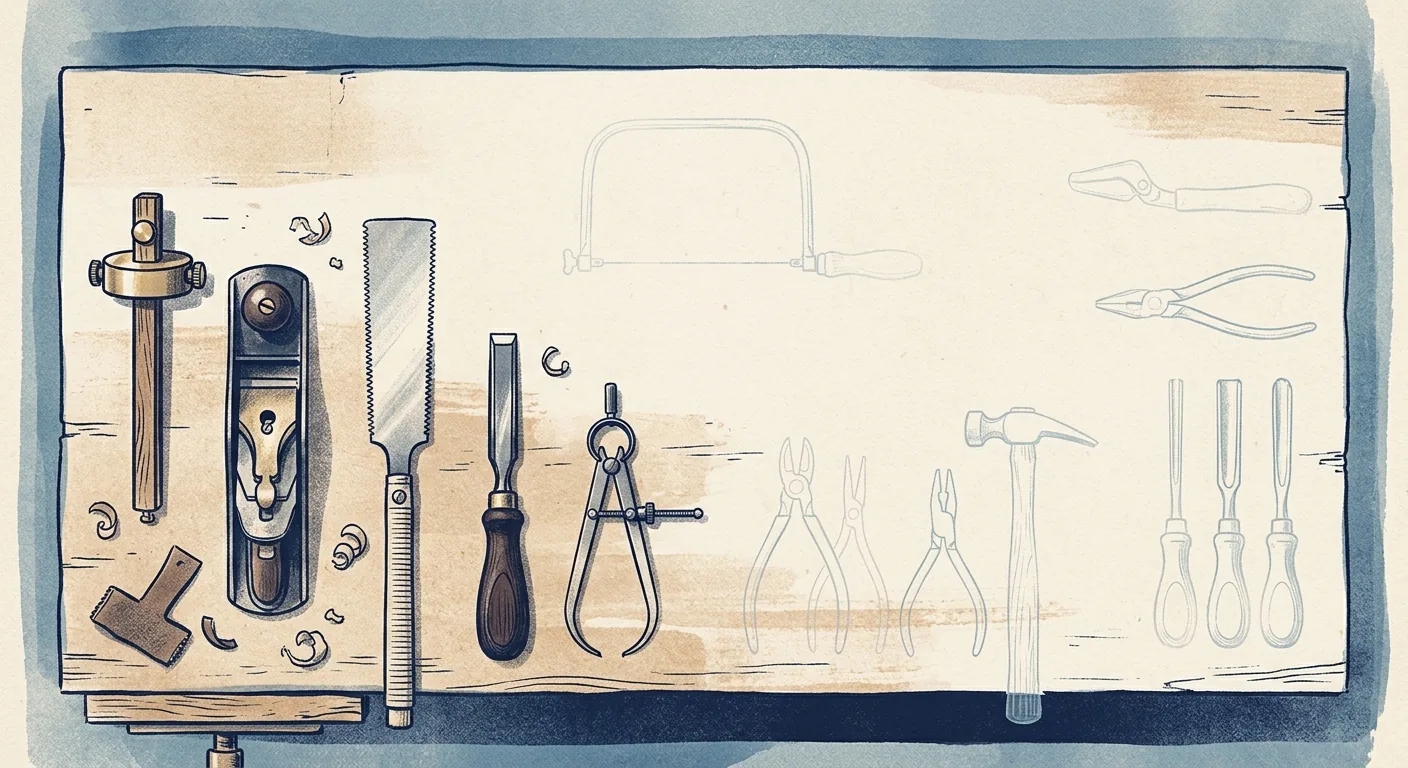 Overhead illustration of a single craftsperson's worktable where some hand tools have faded to faint outlines while others stay solid, in calm muted blue and warm paper tones.