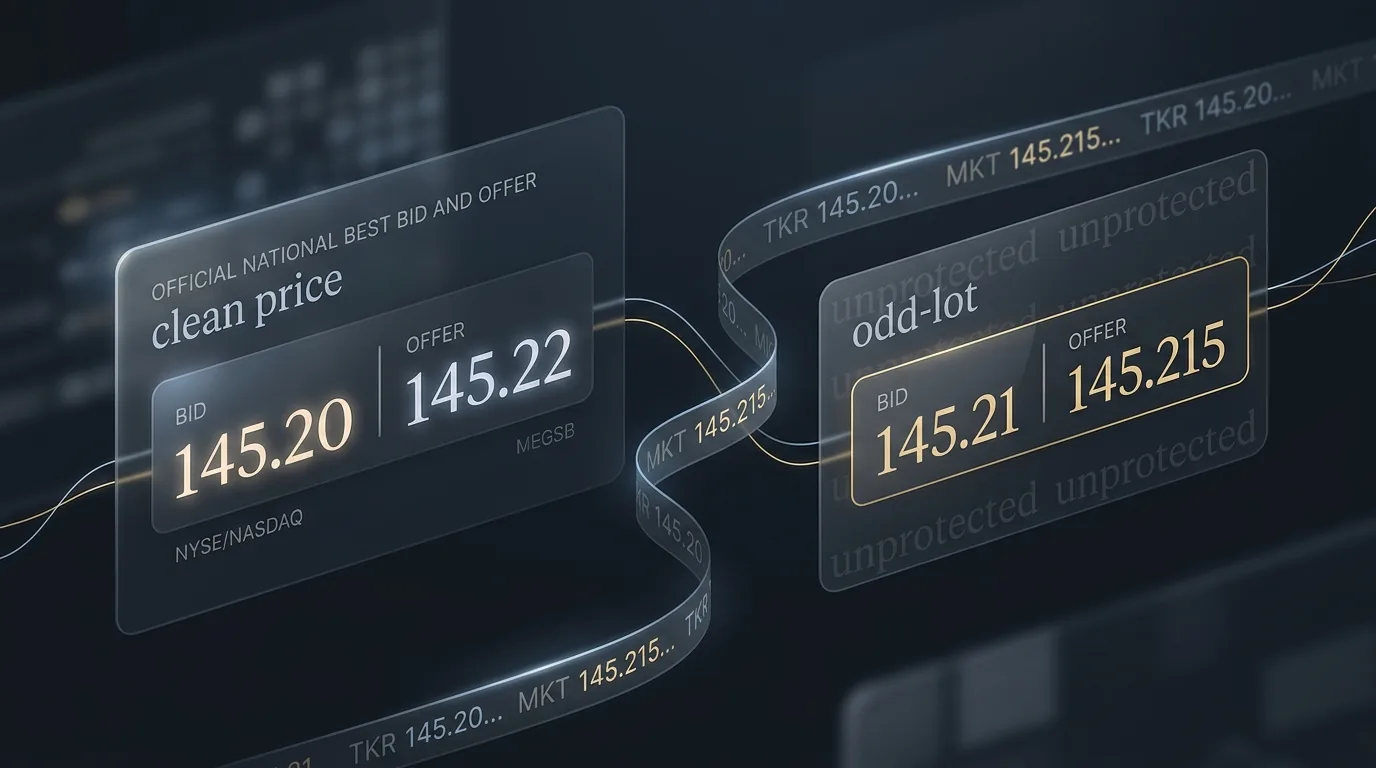 A split trading dashboard showing the official national best bid and offer on one side and a slightly better odd-lot price on the other, with the odd-lot side stamped unprotected.