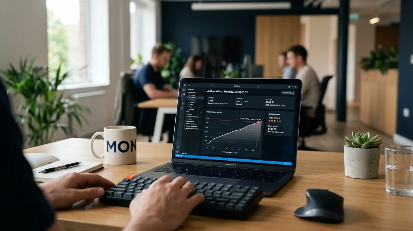 A software engineer's desk on a Monday morning with a laptop showing a coding-agent usage dashboard and a rising token-cost meter.