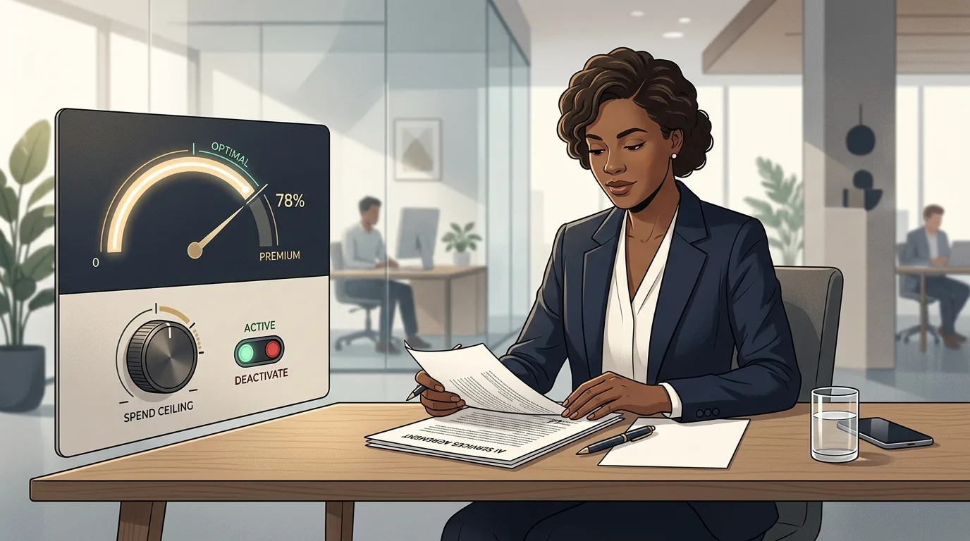 A founder reviewing an AI agent vendor contract at a desk, with a usage meter and a spend-ceiling dial illustrated beside the pages.