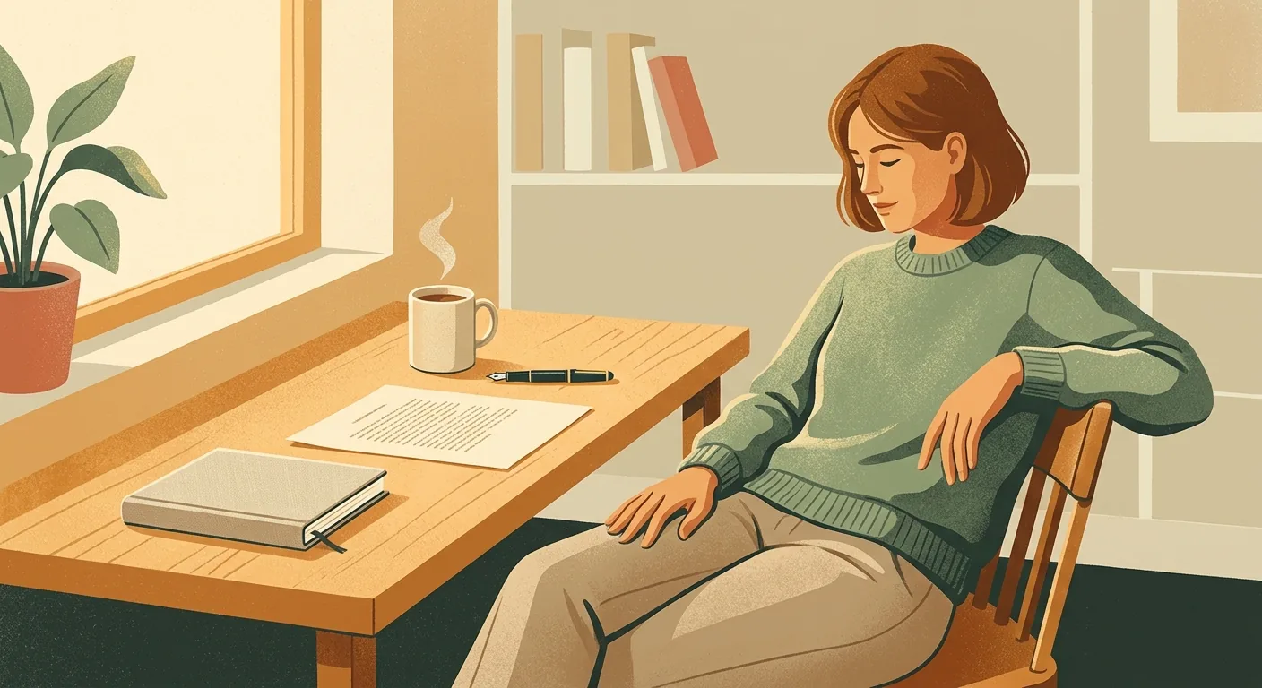 A calm editorial illustration of a person sitting back from a desk for a moment, looking at a finished page in warm afternoon light, an unhurried pause before the next task.