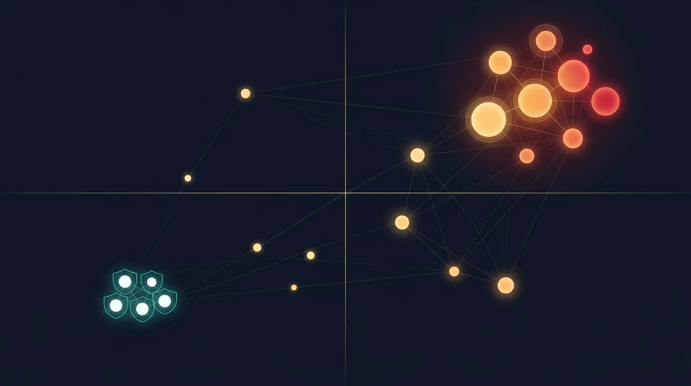 A four-quadrant risk chart rendered as glowing nodes, with a dense cluster of large nodes in the high-reach low-defense corner labeled Exposed Giants and a small bright cluster in the high-reach high-defense corner.