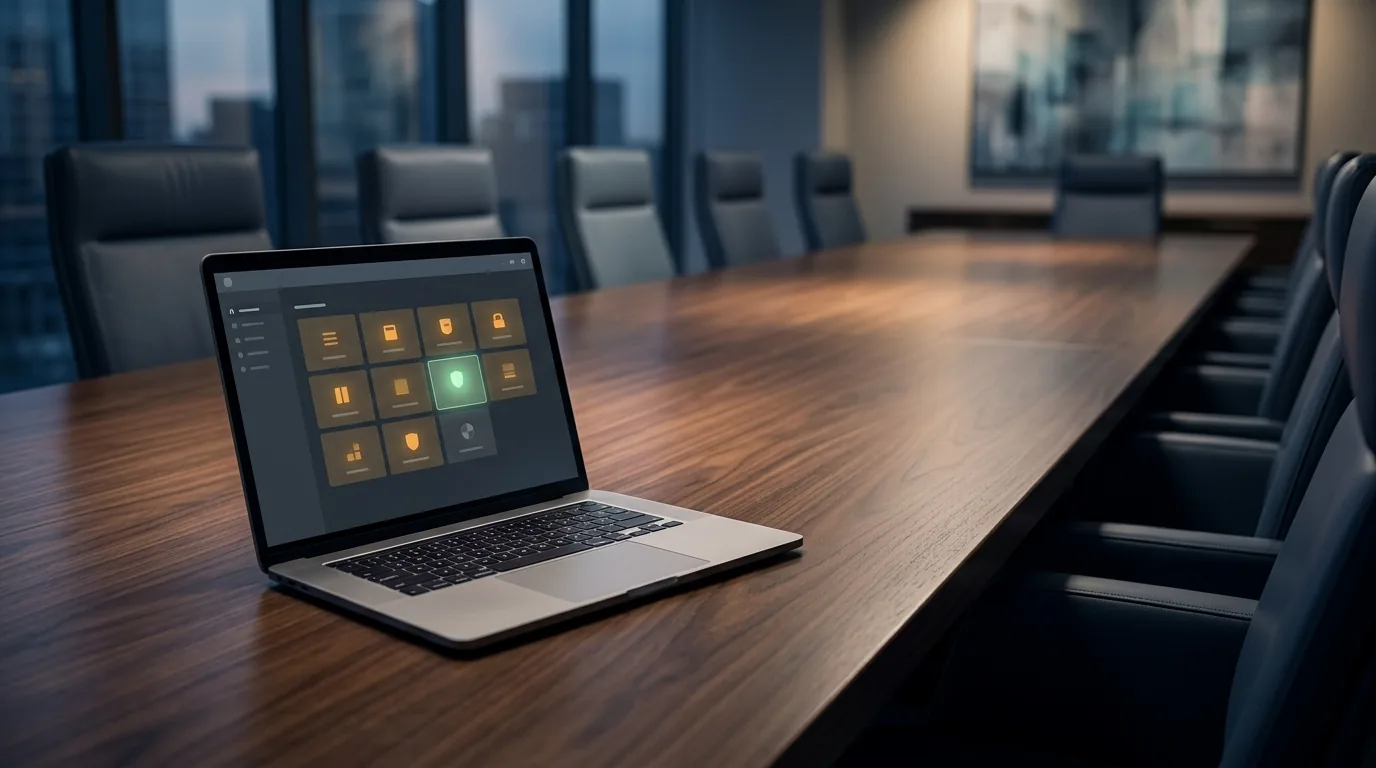 A boardroom table seen from above with a single laptop showing a security dashboard, most of the agent status indicators amber, one green, conveying that few AI agents are fully fortified.