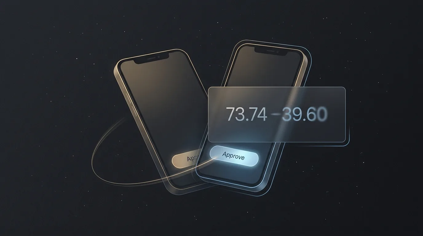 A trading order ticket on a phone screen showing an approve button, with a price quote visibly changing between the moment of decision and the moment of submission.