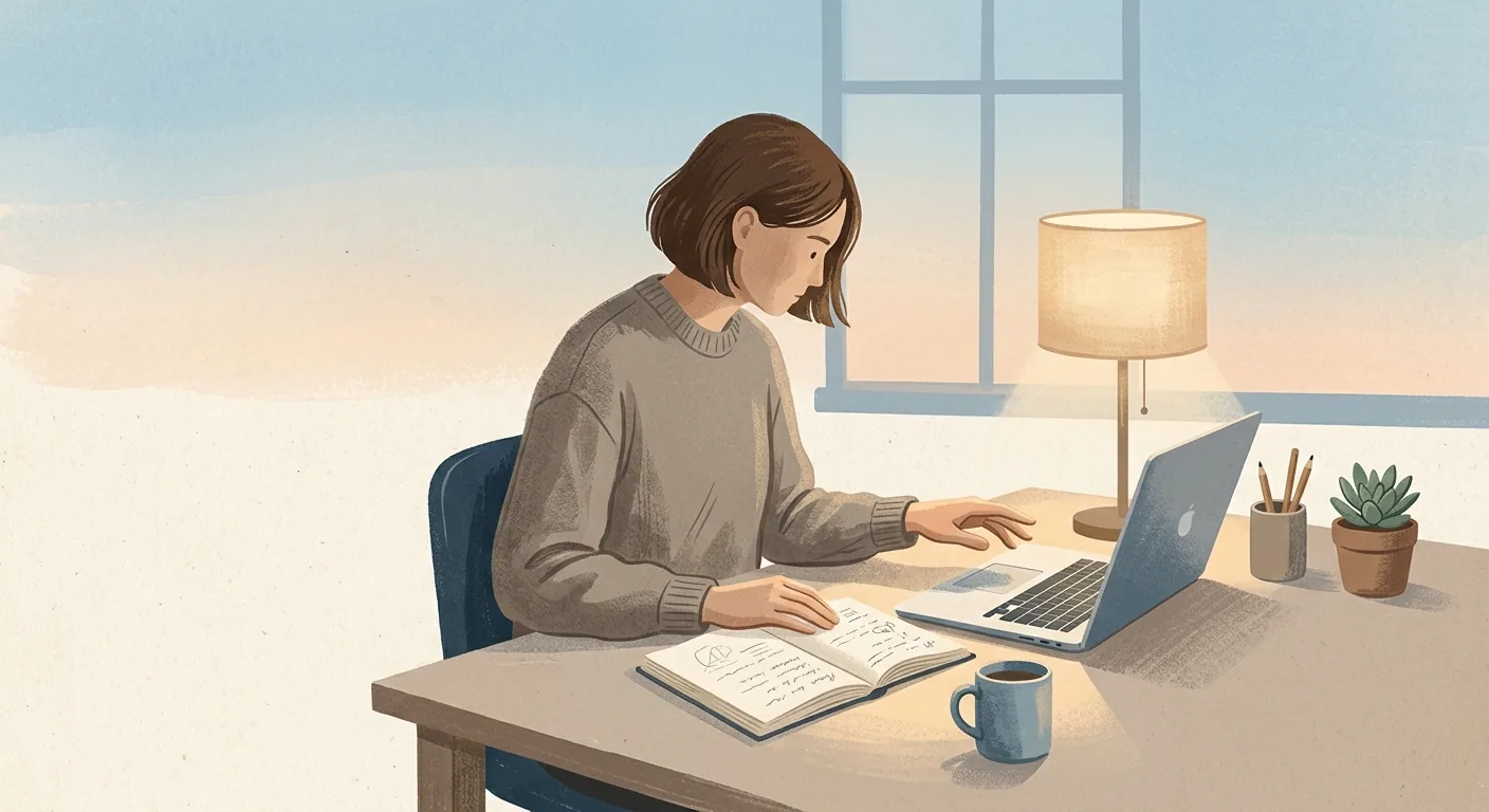 A quiet desk at dawn lit by a single lamp, a person pausing mid-motion between a paper notebook and a laptop, soft muted palette conveying a brief mental stall between two kinds of work.