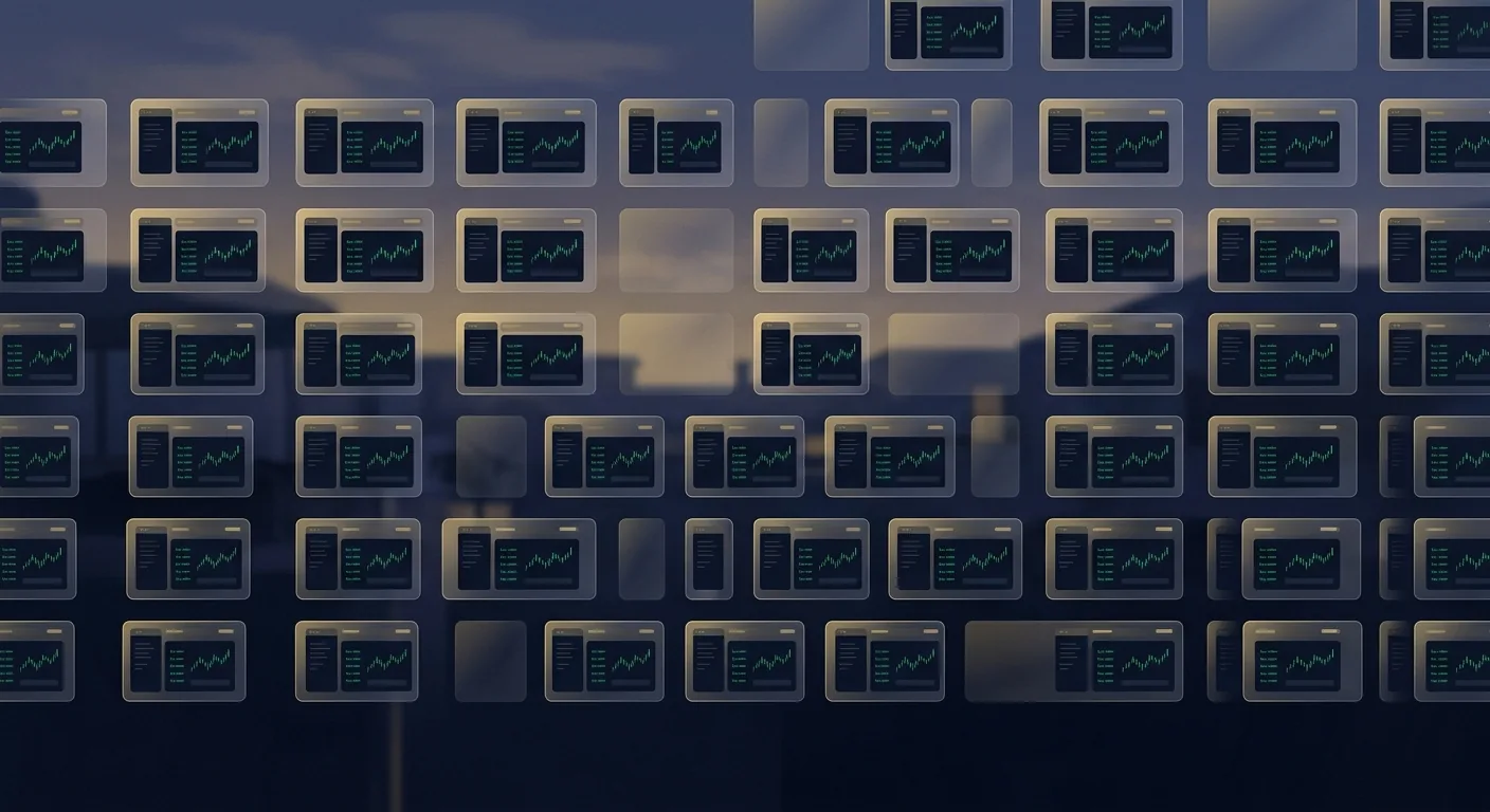 A grid of separate household trading screens at dusk, each showing the same short list of buy orders, suggesting independent investors converging on identical trades.