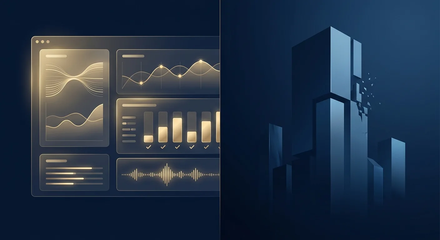 A split scene showing a glowing AI dashboard with live monitoring graphs on one side and a fading enterprise software logo on the other, lit in calm blue and gold tones.