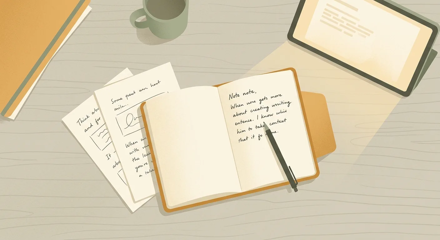 A calm flat-lay illustration of a desk with a notebook, a pen mid-sentence, and a softly glowing screen set slightly to the side, in a warm contemplative palette suggesting a person doing their own thinking alongside a tool.