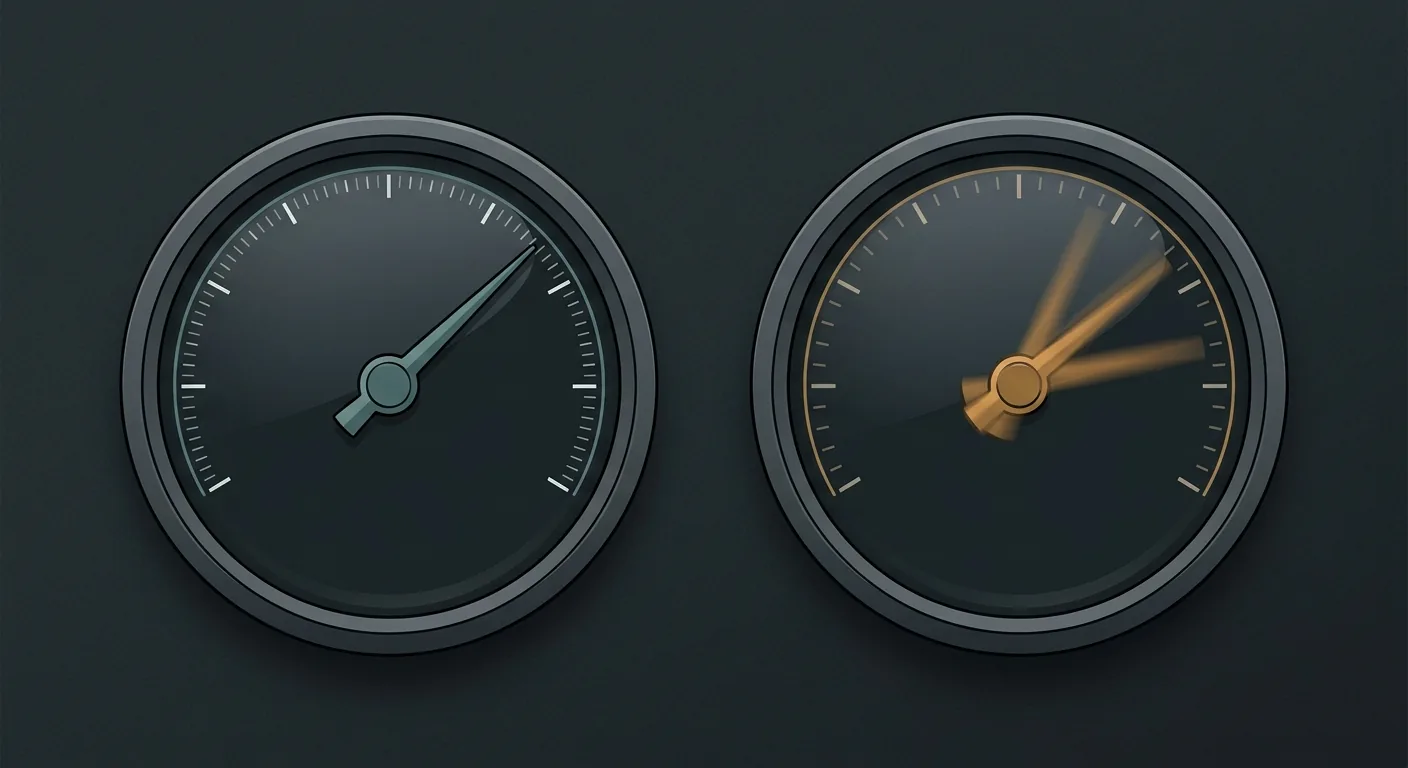 Two side-by-side dashboard gauges on a dark editorial background. The left gauge is labeled Cost with a crisp needle pointing at an exact reading. The right gauge is labeled Productivity with a blurred, doubled needle that gives no clear value.