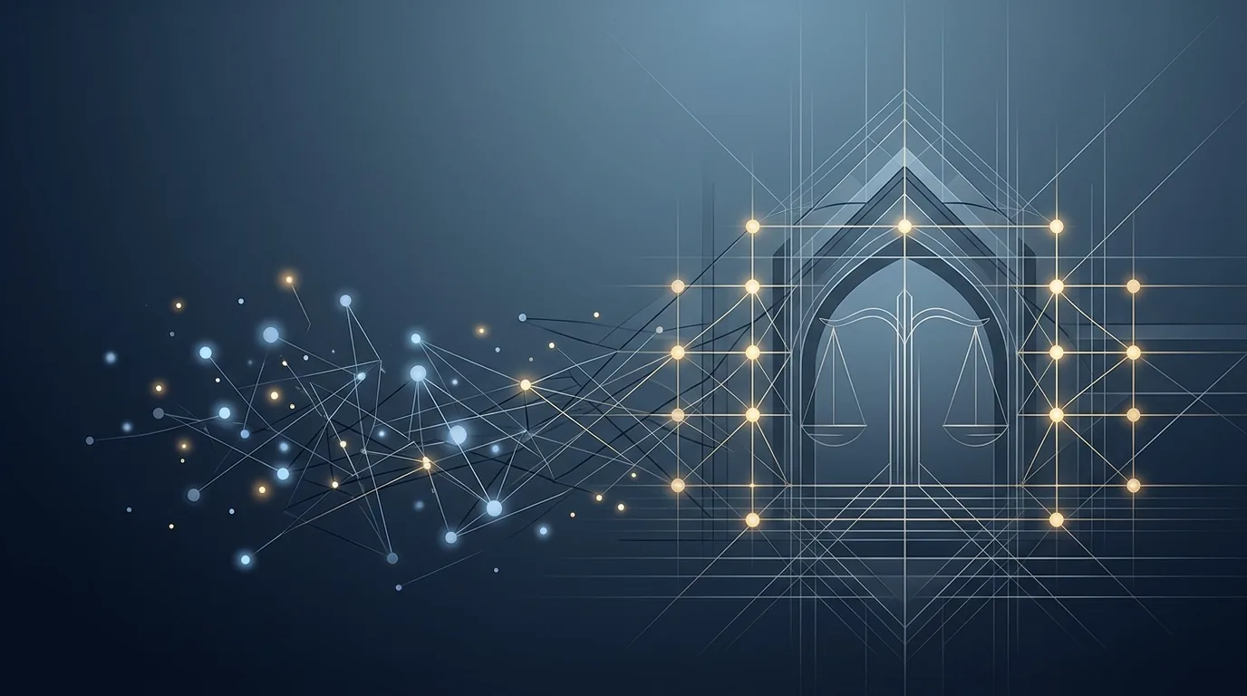 Abstract navy and steel editorial illustration of a network of glowing nodes resolving from scattered to ordered with subtle gold accents, evoking AI agents moving from deployed to dependable.